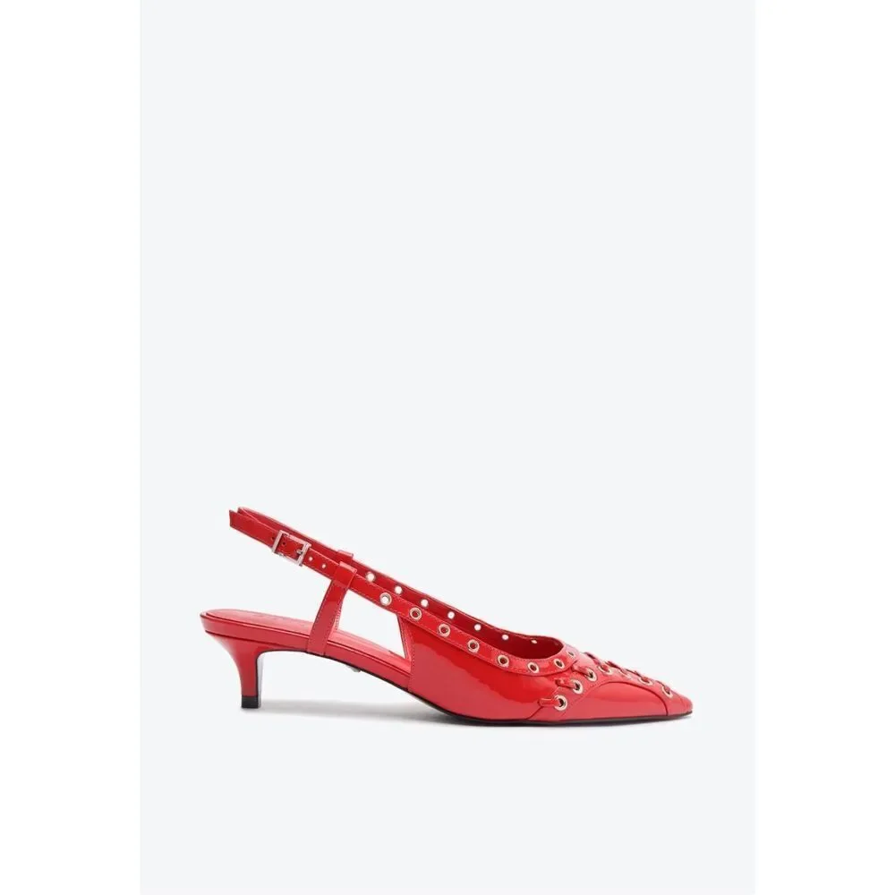 Schutz Chic Ruth 1.6” Mid Patent Leather Kitten Heel Pump Flame Scar Red 6.5